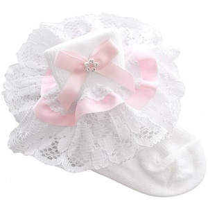 Girls White & Pink Lace Ribbon & Diamante Bow Socks